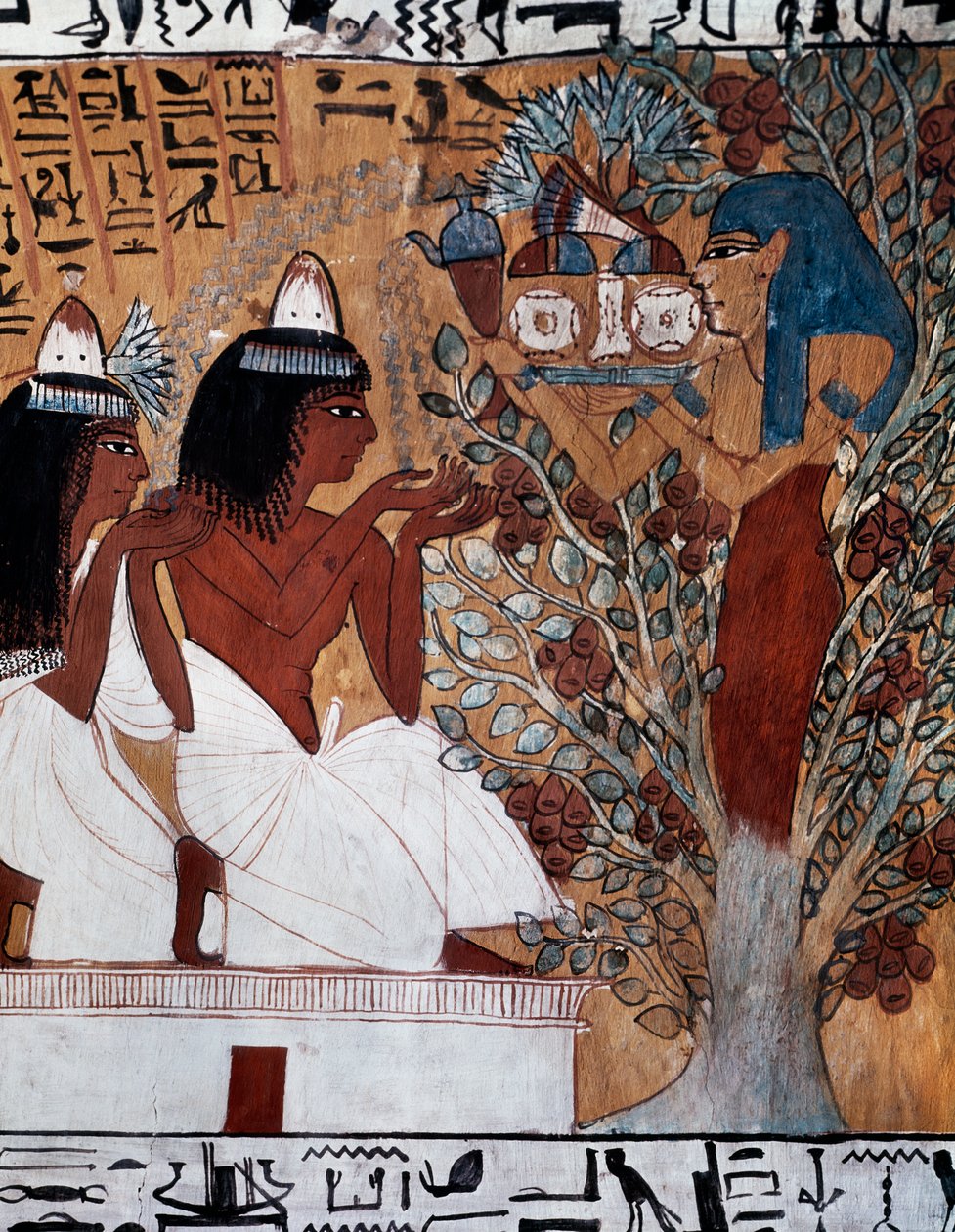 Isis istennő, aki megjelenik Sennedjemnek és feleségének a szent platánfában, Sennedjem sírja, más néven TT1 sír, II. Ramszesz uralkodásának idejéből, Deir el- Medina, Thébai nekropolisz, Egyiptomi civilizáció, Újbirodalom, XIX. dinasztia. alkotó: Egyptian 19th Dynasty