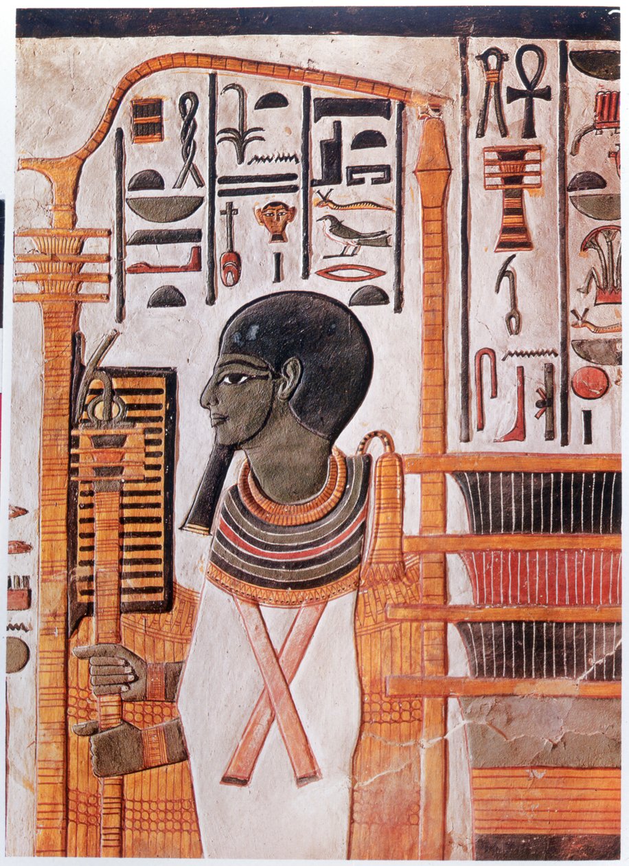 Történelem. Az ókori Egyiptom. Ptah, az enneadi kozmogónia ősdombjának istenítése. Freskó Nefertari sírjában a Királyok Völgyében, Az ókori Egyiptomban. (freskó) alkotó: Egyptian 19th Dynasty