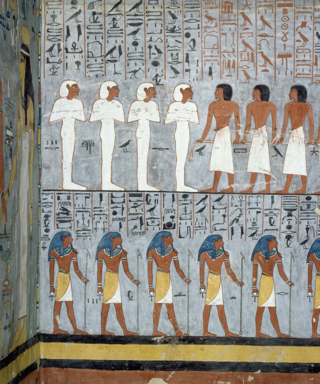Múmiák és férfialakok, részlet a Ramszesz I. sírjának sírkamrájában, a Királyok Völgye, Luxor, Théba freskóiból (Unesco Világörökségi Lista) alkotó: Egyptian 19th Dynasty