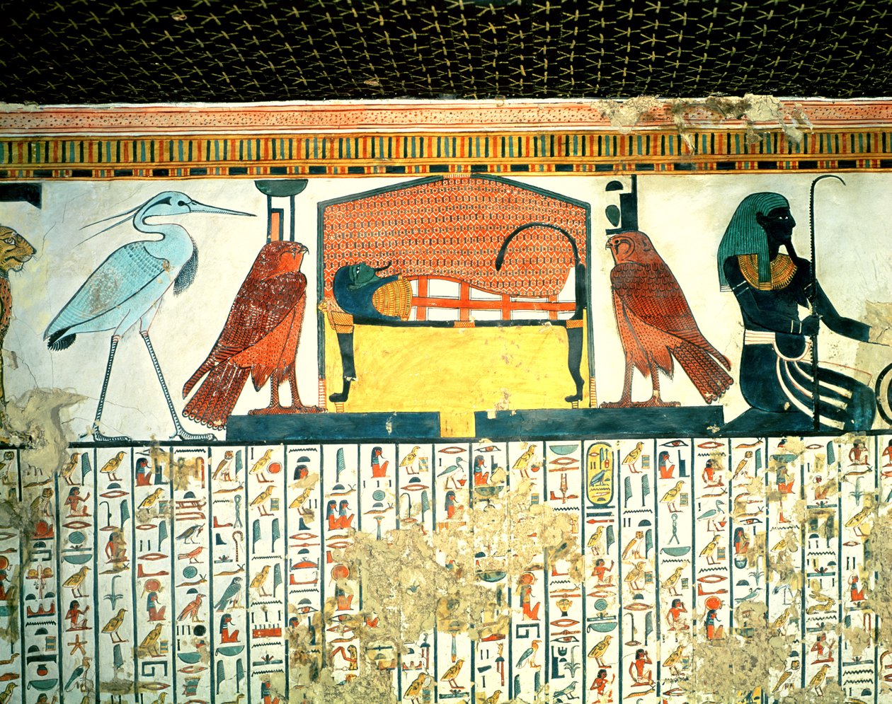 Múmia temetési ágyon különféle istenségekkel, Nefertari sírjából, Új királyság (falfestmény) alkotó: Egyptian 19th Dynasty