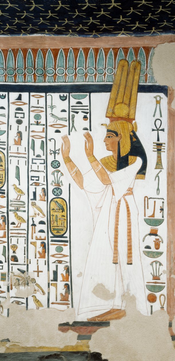 Nefertari az Ozirisz Királyság első ajtaja előtt, karját imádatként felemelve, freskó, sírkamra, Nefertari sírja (QV66), Királynők Völgye, Théba. Egyiptomi civilizáció, Újbirodalom, XIX. dinasztia. alkotó: Egyptian 19th Dynasty