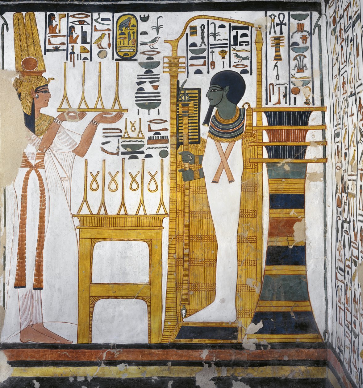 Nefertari vászonfelajánlást tesz Ptahnak, részlet Nefertari sírja keleti melléképületének nyugati faláról (falfestmény) alkotó: Egyptian 19th Dynasty