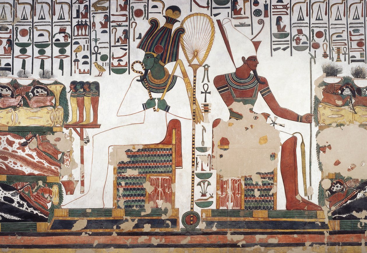 Ozirisz és Atum, freskó, keleti fal, keleti oldalkamra, Nefertari sírja (QV66), Királynők Völgye, Théba (Unesco Világörökség listája). alkotó: Egyptian 19th Dynasty