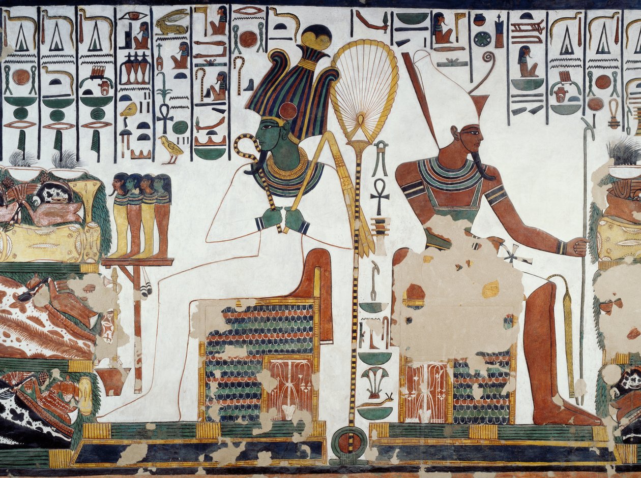 Ozirisz és Atun, Nefertari sírjának második kamrájának freskóinak részlete, a Királynők Völgye, Luxor, Théba (az Unesco világörökségi listája) alkotó: Egyptian 19th Dynasty