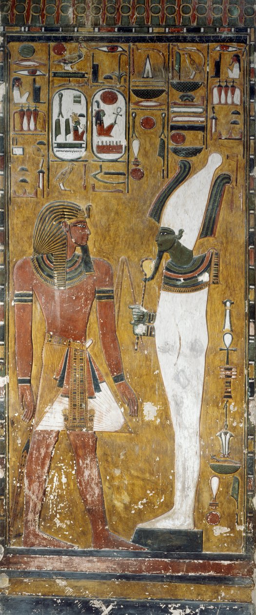 Ozirisz és Seti I, részlet Seti I. sírjának sírkamrájának freskóiról, a Királyok Völgye, Luxor, Théba (az Unesco világörökségi listája) alkotó: Egyptian 19th Dynasty