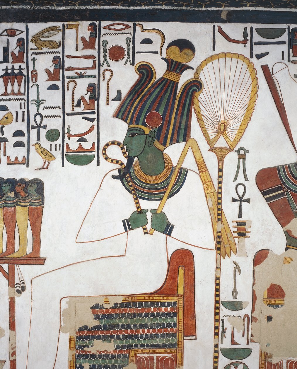Ozirisz, freskó, keleti fal, keleti oldalkamra, Nefertari sírja (QV66), Királynők Völgye, Théba (Unesco Világörökség listája). alkotó: Egyptian 19th Dynasty