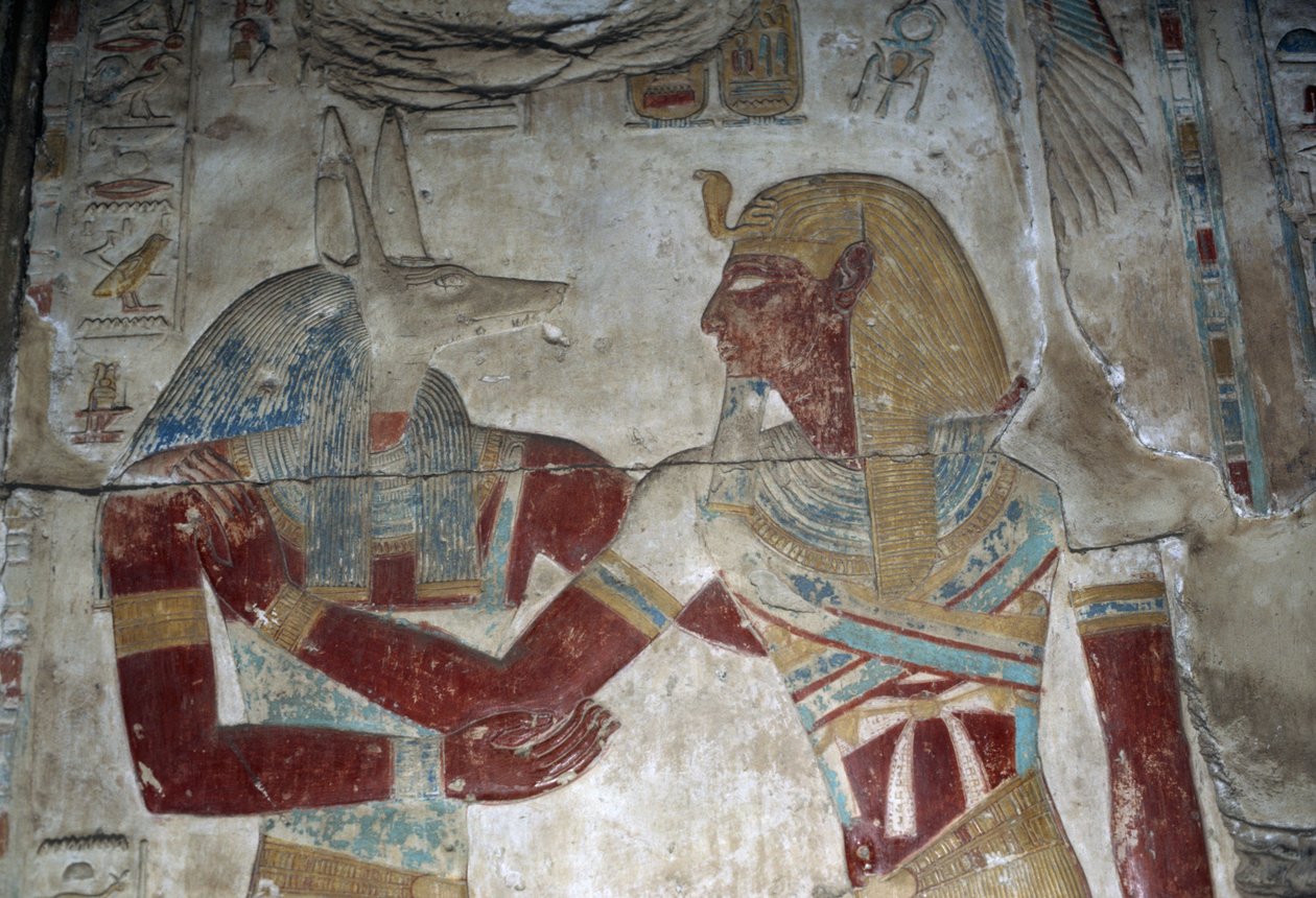 Fáraót és Anubisz istent ábrázoló festett dombormű, Ozirisz-kápolna, I. Szeti templom, I. Szeti templom alkotó: Egyptian 19th Dynasty