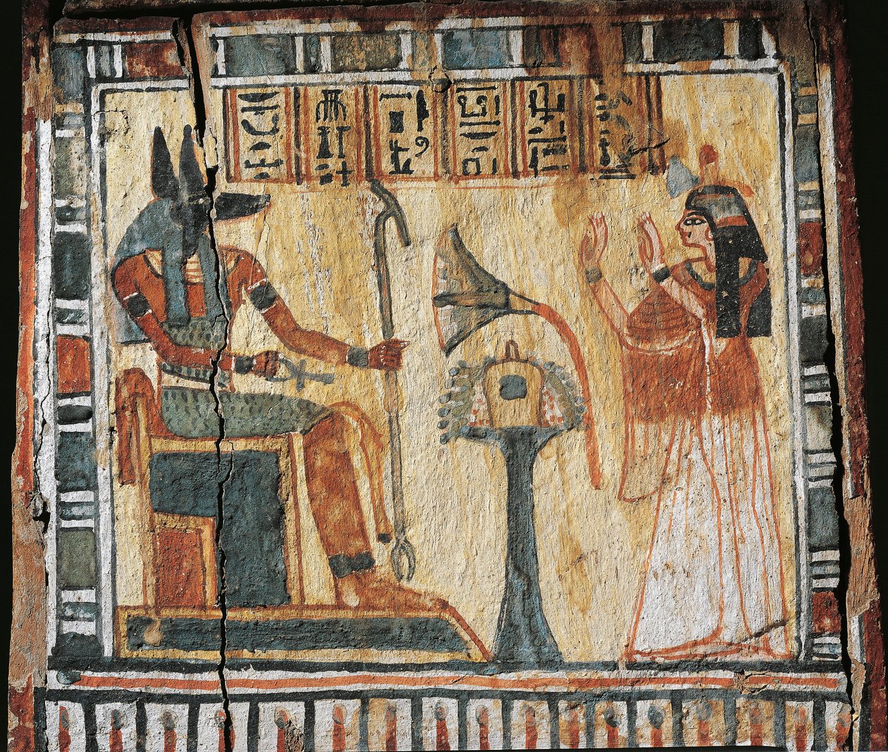Festett fadoboz, amely egy elhunytat és Anubi istent ábrázol, Tamutnofret shabtisai számára alkotó: Egyptian 19th Dynasty