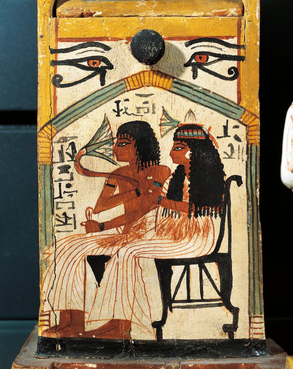 Festett fa shabti doboz Habekhent, elhunyt ül a feleségével, részlet alkotó: Egyptian 19th Dynasty