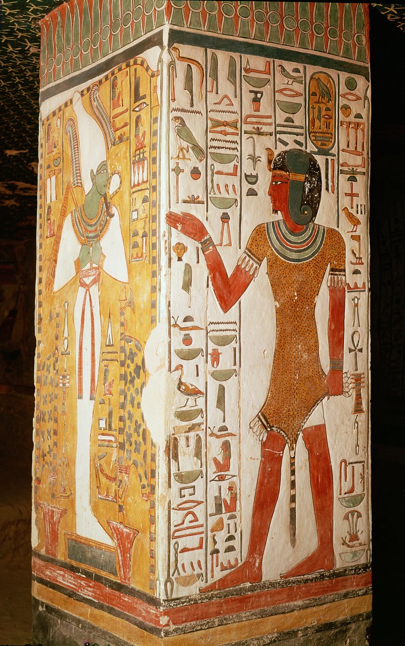 Ozirist és egy párducbőrt viselő papot ábrázoló oszlop, Nefertari sírjából, Új Királyságból (falfestmény) alkotó: Egyptian 19th Dynasty