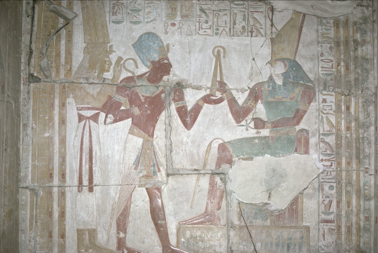Ízisz domborműve, I. Sethos (Kr. e. 1303-1290) bemutatása Hórusznak, Új Királyság (falfestmény) alkotó: Egyptian 19th Dynasty