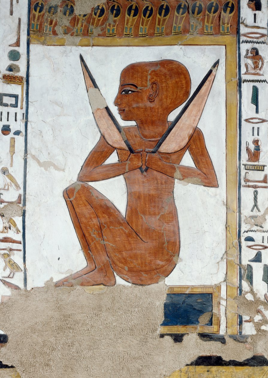 Henty-Reki, Ozirisz Királyság ötödik kapujának őre ábrázolása, részlet Nefertari sírkamrájában található freskóiról, Queens Valley, Luxor, Théba. Egyiptomi civilizáció, Újbirodalom, XIX. dinasztia. alkotó: Egyptian 19th Dynasty