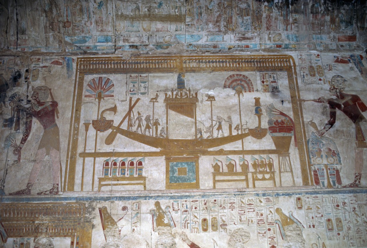 Szent csónak, bas relief, Ozirisz kápolna, I. Szeti templom, I. Szeti templom alkotó: Egyptian 19th Dynasty
