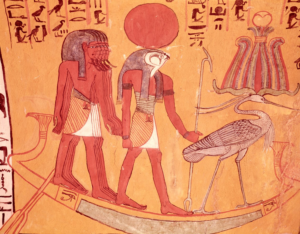Napelemes barque Re-Horakhtyval, a benu madárral és négy másik istenséggel, Sennedjem sírjából, The Workers Village, New Kingdom (falfestmény) alkotó: Egyptian 19th Dynasty