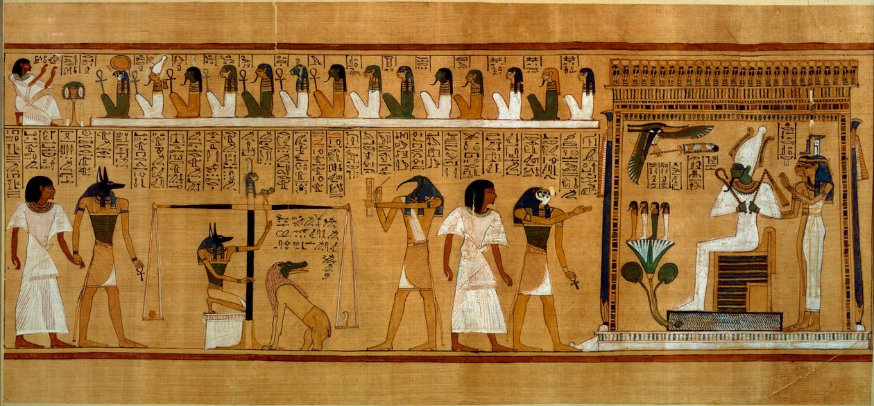 A szív mérlegelése Maats igazságtollal, Hunefer királyi írástudó halottak könyvéből, Új Királyság, ie 1275 körül (papirusz) alkotó: Egyptian 19th Dynasty