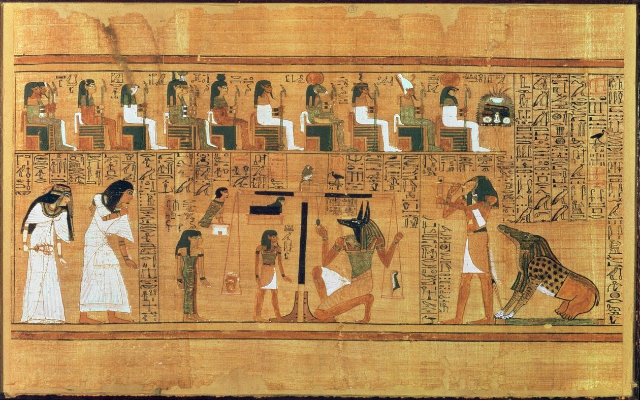 A szív mérlegelése az igazság tollával, az írástudó holtak könyvéből, Kr.e. 1250 körül (festett papirusz) alkotó: Egyptian 19th Dynasty