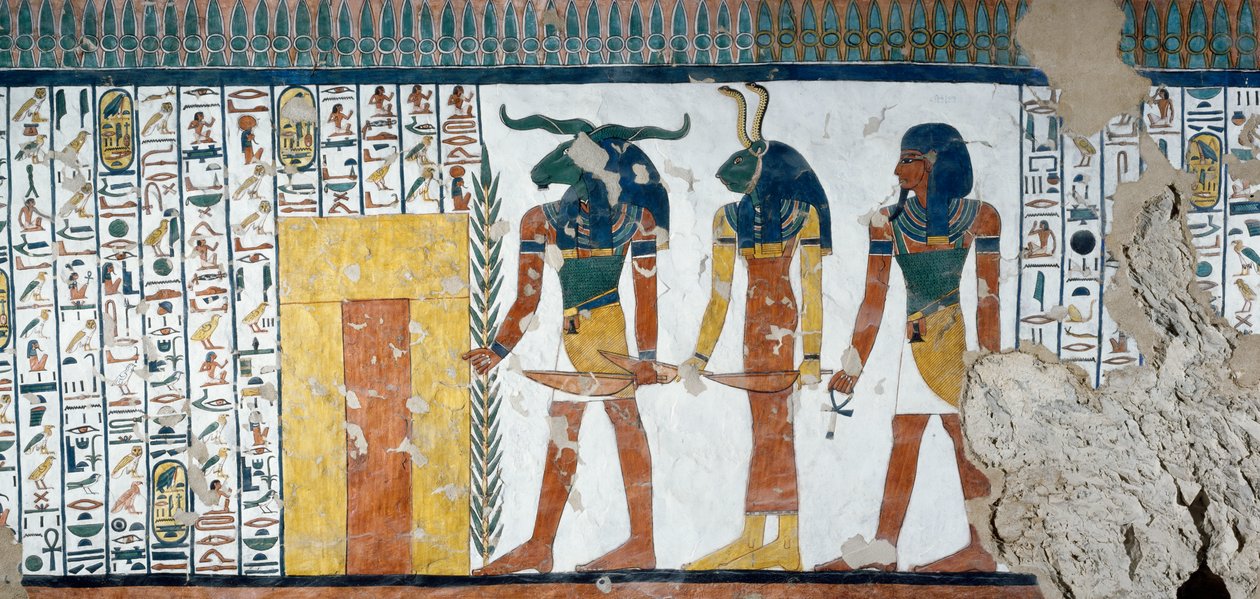 Az Ozirisz Királyság második kapuját őrző három nemzetség, Halottak könyve, 144. fejezet, Nefertari, Queens Valley, Luxor, Théba sírkamrájának freskóiról készült részlet. Egyiptomi civilizáció, Újbirodalom, XIX. dinasztia. alkotó: Egyptian 19th Dynasty