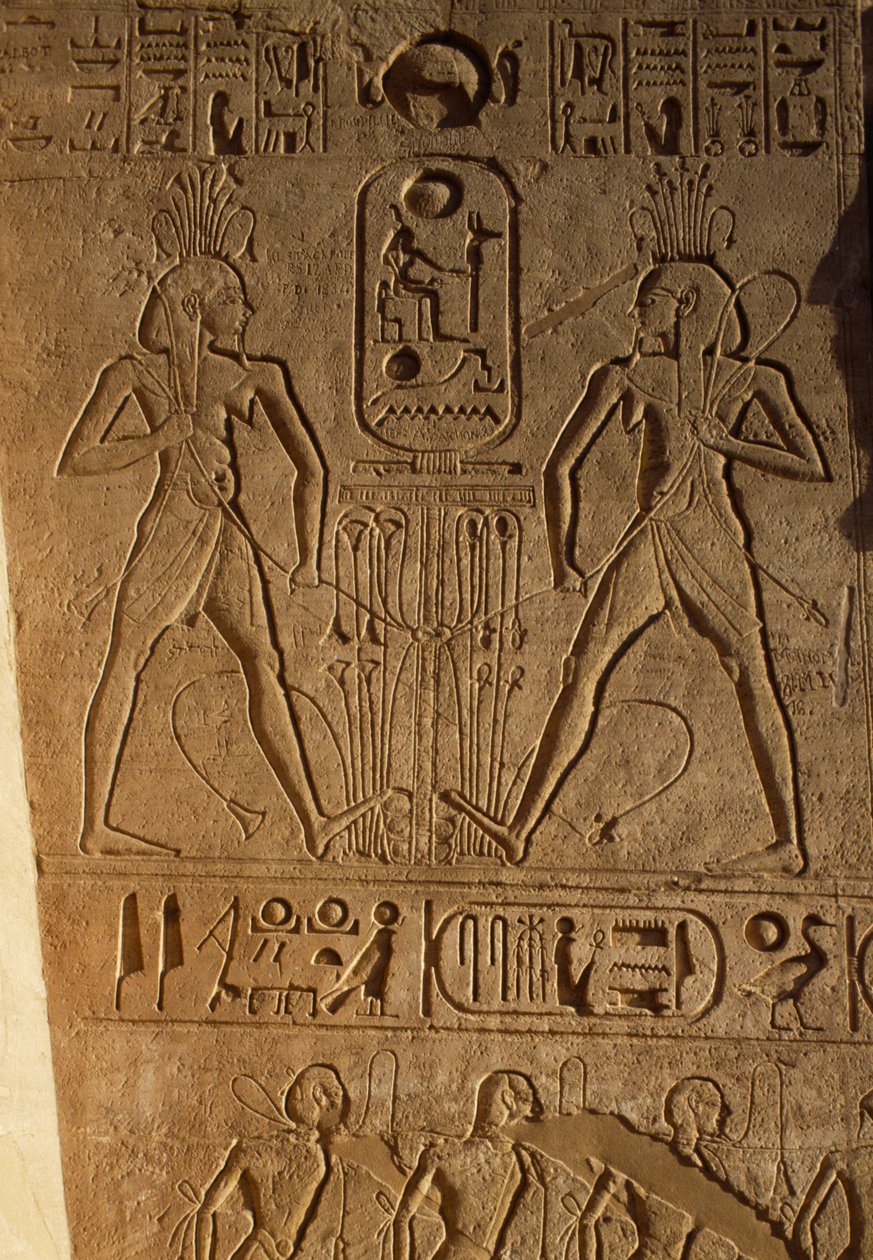 Felső- és Alsó-Egyiptom egyesülése és a fáraó kartuszja, dombormű a trónok alapján, II. Ramszesz temploma, Abu Simbel, Egyiptom, Újbirodalom, XIX. dinasztia alkotó: Egyptian 19th Dynasty