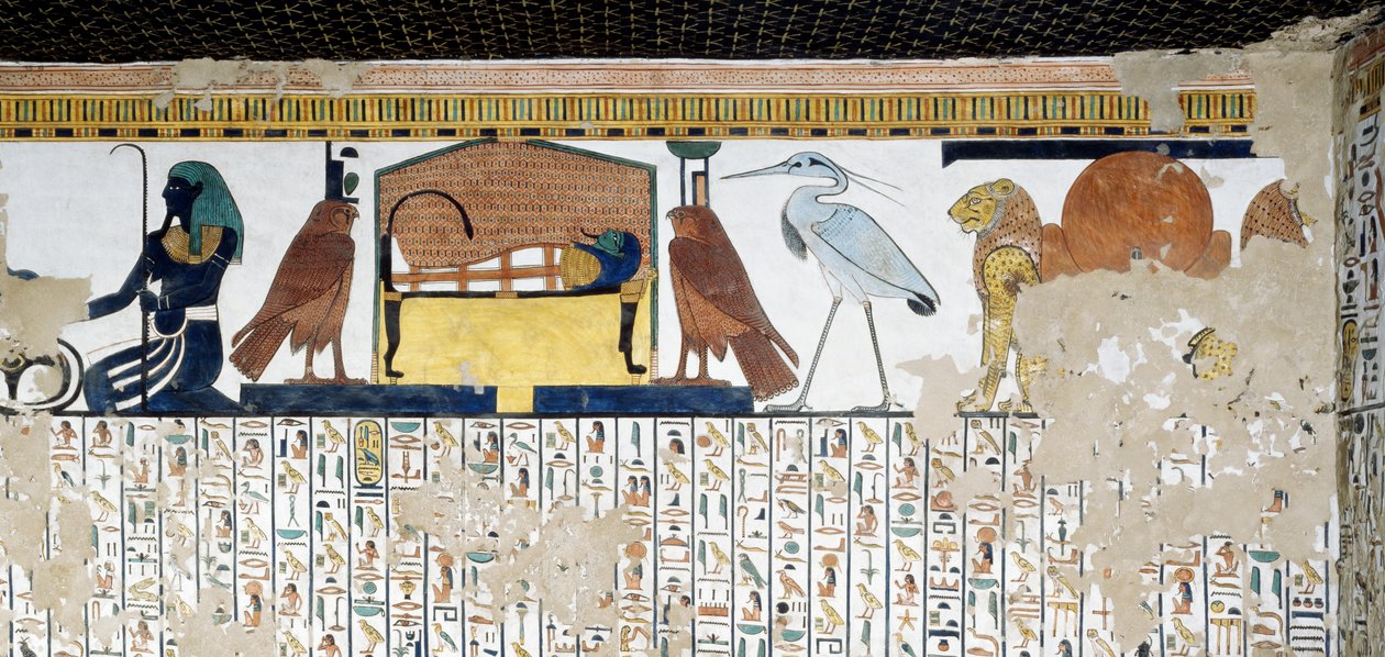 Felső regiszter, oroszlánok Atum jelképével, Bennu isten, Ra lelkének jelképe, Nefertari múmiája két sólyommal és Nílus zsenije, alsó regiszter, Halottak könyve 17. fejezete, freskó, Nefertari sírja, Királynők völgye, Théba. Újbirodalom, XIX. dinasztia alkotó: Egyptian 19th Dynasty