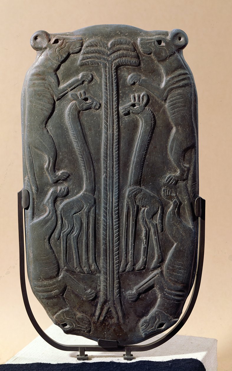 Négy kutyát és két zsiráfot ábrázoló paletta pálmafával, Thinite Period (pala) alkotó: Egyptian 1st Dynasty