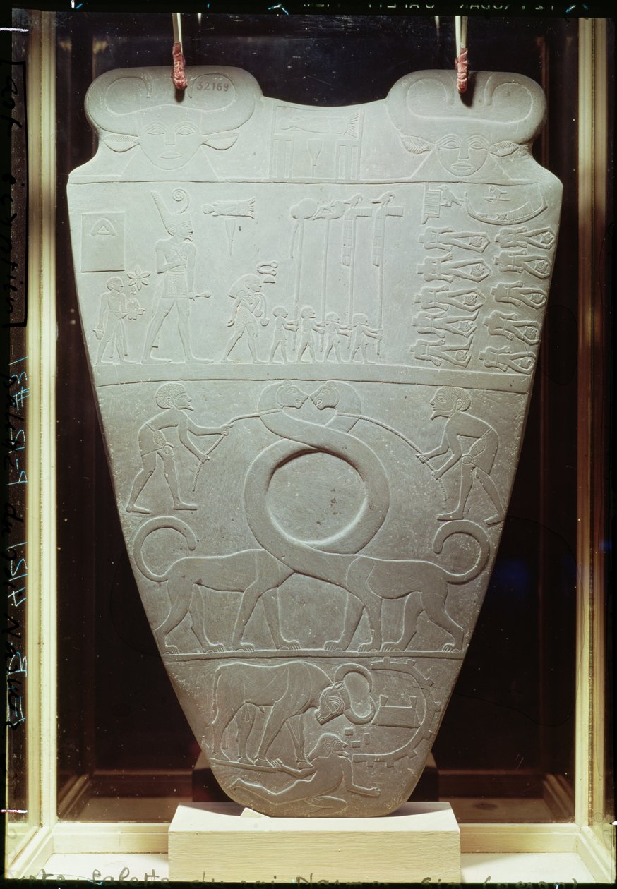 A Narmer paletta: az Alsó-Egyiptom vörös koronáját viselő Narmer királyt ábrázoló szertartásos paletta, amely megkötözött és lefejezett foglyokat, valamint egy óriási, hosszú nyakú macskát, szintén Hieracóban talált. alkotó: Egyptian 1st Dynasty