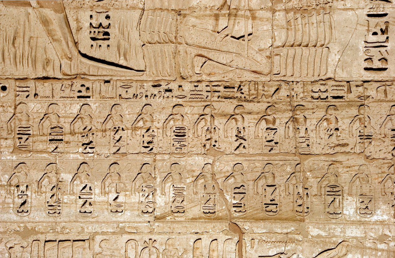 Egyiptomi antikvitás: a III. Ramszesz fáraó által meghódított városok emblémáit ábrázoló első pilon domborműveinek részlete. Ramszesz temetkezési temploma (Kr. e. 1187-1156). Luxor, Medinet Habou, Egyiptom alkotó: Egyptian 20th Dynasty