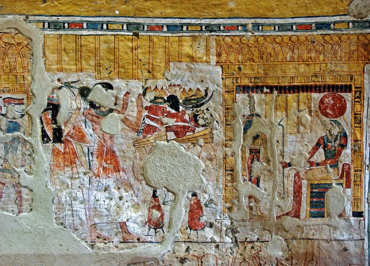 Egyiptomi ókor: Shuroy és felesége istenségeket imádó ábrázolása. Shuroy sírjának festménye (TT13). 20. dinasztia. i.e. 1190-1077 Dra Abu el-Naga Nekropólus, Luxor Ciszjordánia, Egyiptom alkotó: Egyptian 20th Dynasty