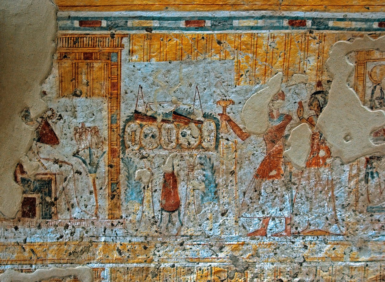 Egyiptomi antikvitás: Shuroy és felesége ábrázolása, akik Ozirisz istent imádják Hórusz négy fia előtt egy papiruszlevélben. Shuroy sírjának festménye (TT13). 20. dinasztia. i.e. 1190-1077 Dra Abu el-Naga nekropólusa, Ciszjordánia alkotó: Egyptian 20th Dynasty