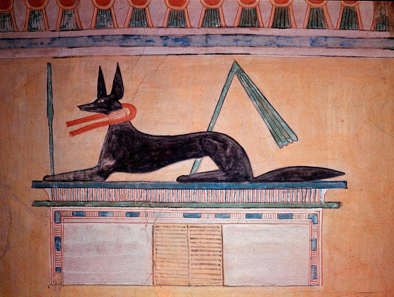 Sakálfejű Anubisz, a mumifikáció istene. II. Khaemweset herceg sírjának fala (festett mészkő díszítés, 20. dinasztia) alkotó: Egyptian 20th Dynasty