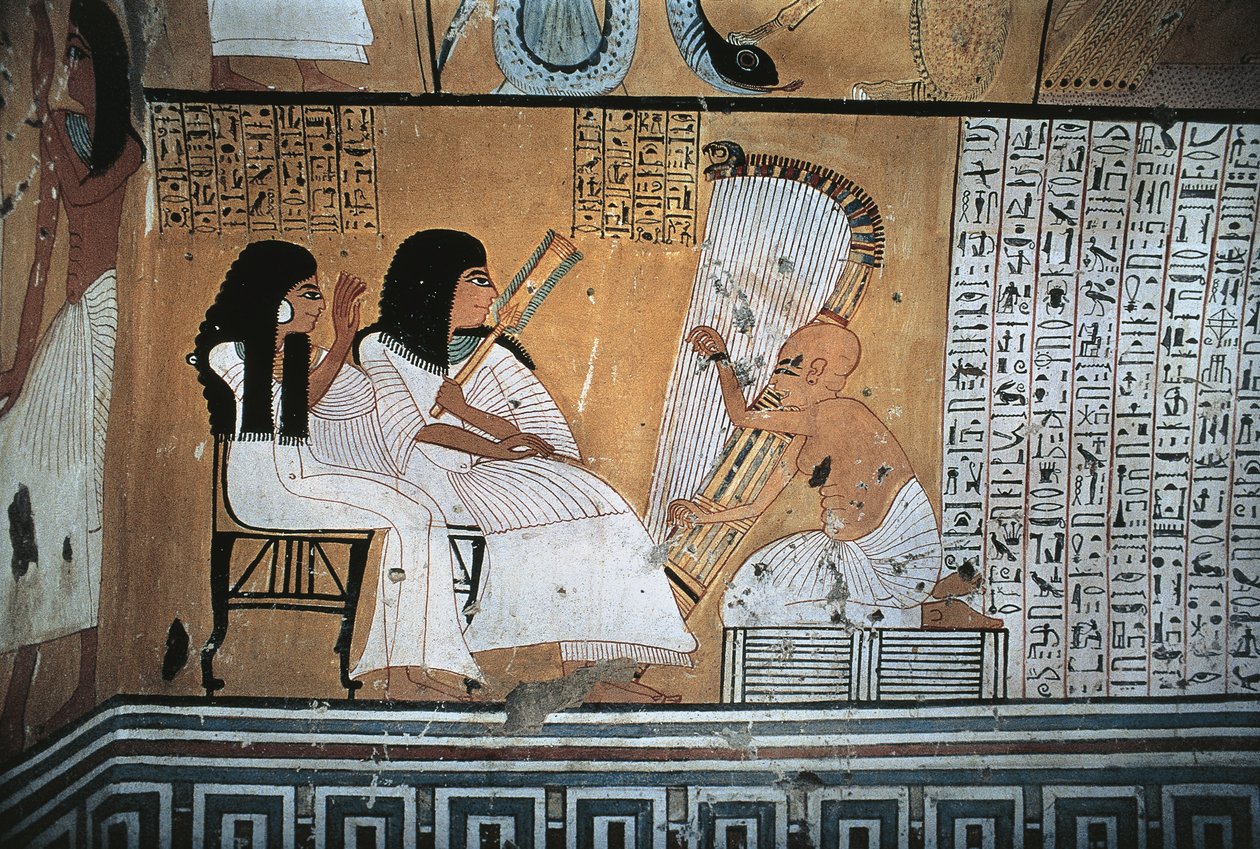 Falfestmény az elhunyt Khai-Inherkha-ról és a feleségéről, akik vak hárfást néznek alkotó: Egyptian 20th Dynasty