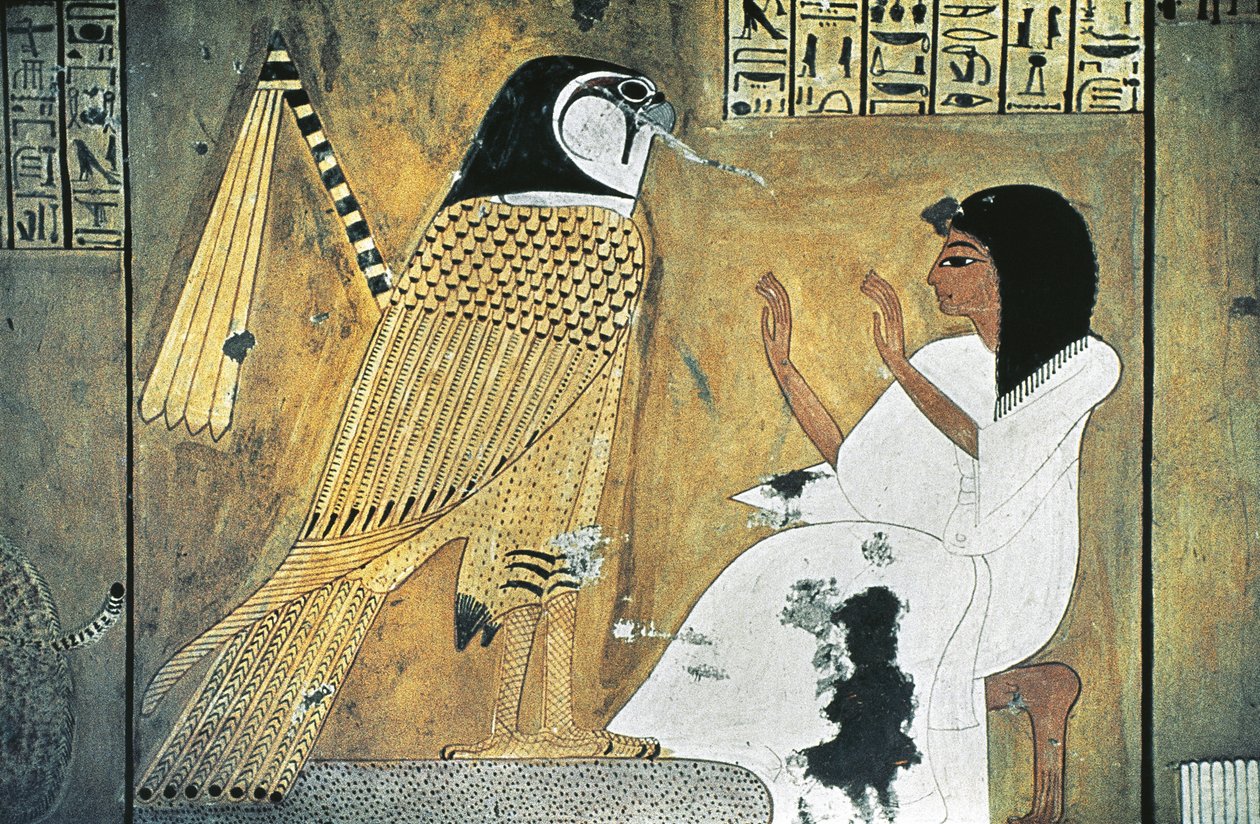 A Halottak könyvéből készült jelenet falfestménye, átalakulás Aranysólyommá alkotó: Egyptian 20th Dynasty