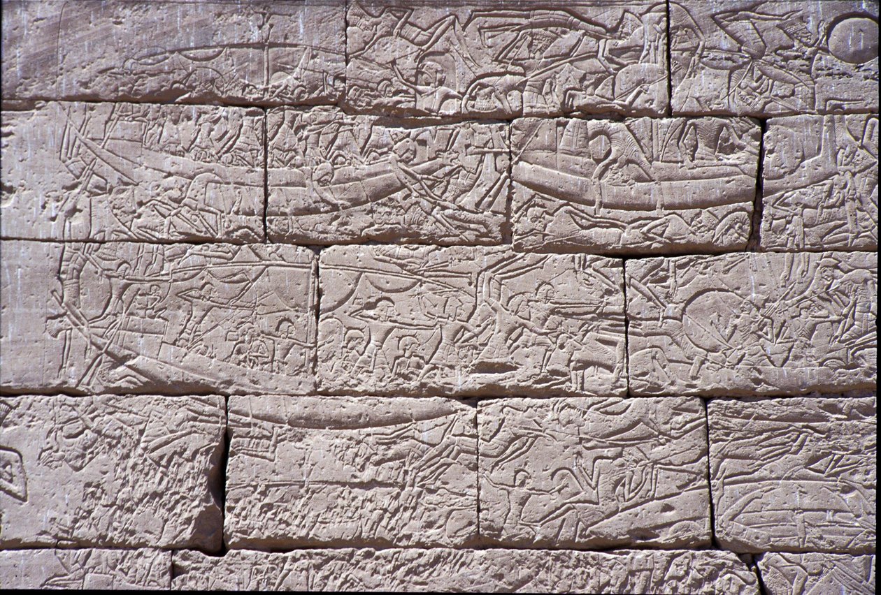 A tengeri nép, Ramszesz III. tengeri csata, Medinet Habu, ie 1195-64 kő alkotó: Egyptian 20th Dynasty