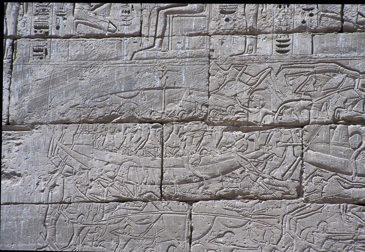 A tengeri nép, Ramszesz III. tengeri csata, Medinet Habu, ie 1195-64 kő alkotó: Egyptian 20th Dynasty