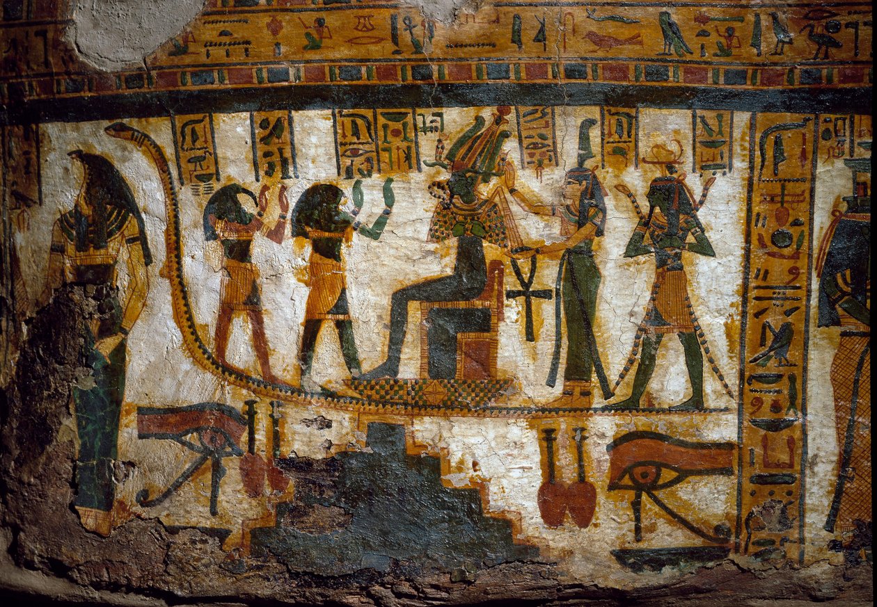 Egyiptom művészete: Ozirisz négy istenségtől kap adót: Thot, Maat, Heka (Heqat vagy Heqa) és Harsiszi. Az egyik isten az élet kulcsát egy kereszt ansee (Ankh) formájában tartja. Alább a szem oudjat (Hórusz szeme) két ábrázolása A th alkotó: Egyptian 21st Dynasty