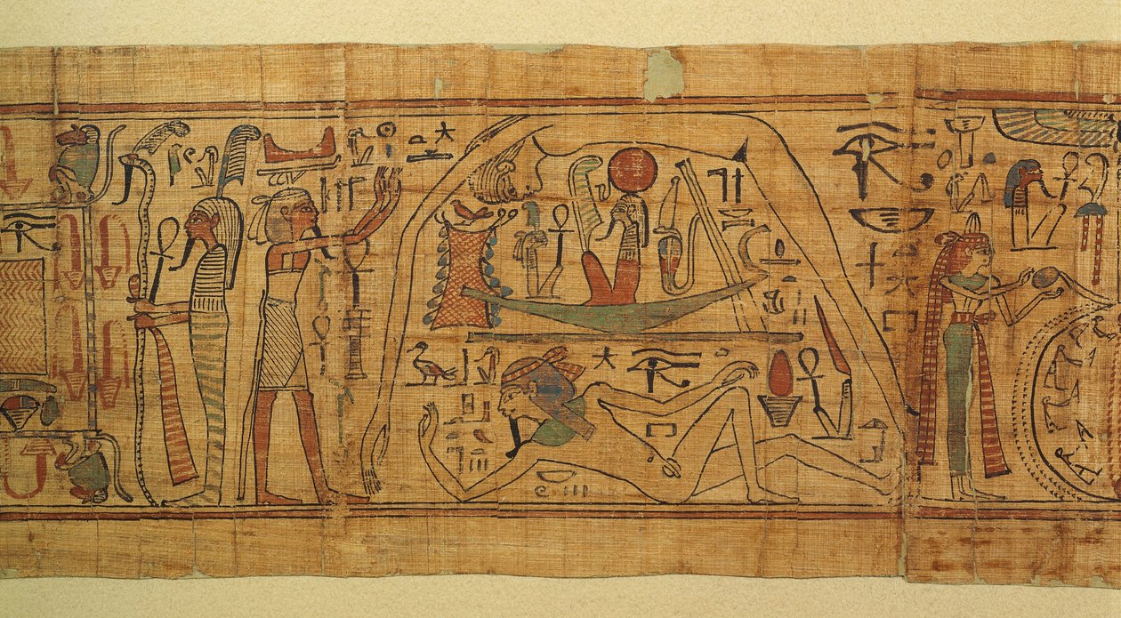 Nespakachuty mitológiai képeinek könyve, az ég és a föld elválasztása a napelemes hajóval alkotó: Egyptian 21st Dynasty