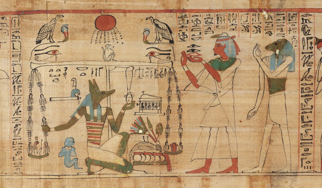 Részlet Aha-Mer pap halottak könyvéből, amely Anubisz ábrázolja, amint az elhunyt szívét az Igazság tollához (papiruszhoz) méri. alkotó: Egyptian 21st Dynasty