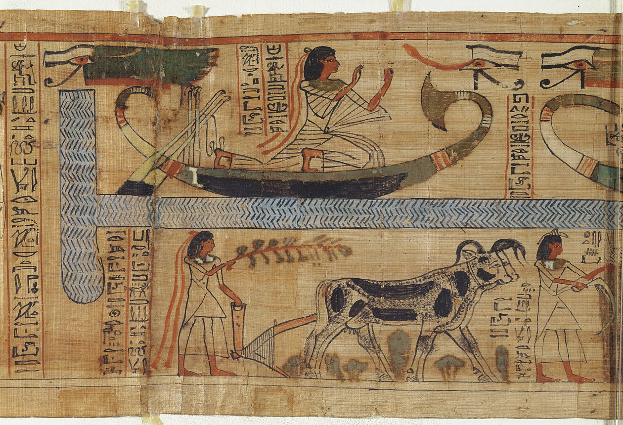 Részlet Aha-Mer pap Halottkönyvéből, amely egy barkát és egy mezőgazdasági jelenetet ábrázol, Harmadik köztes időszak (papirusz) alkotó: Egyptian 21st Dynasty