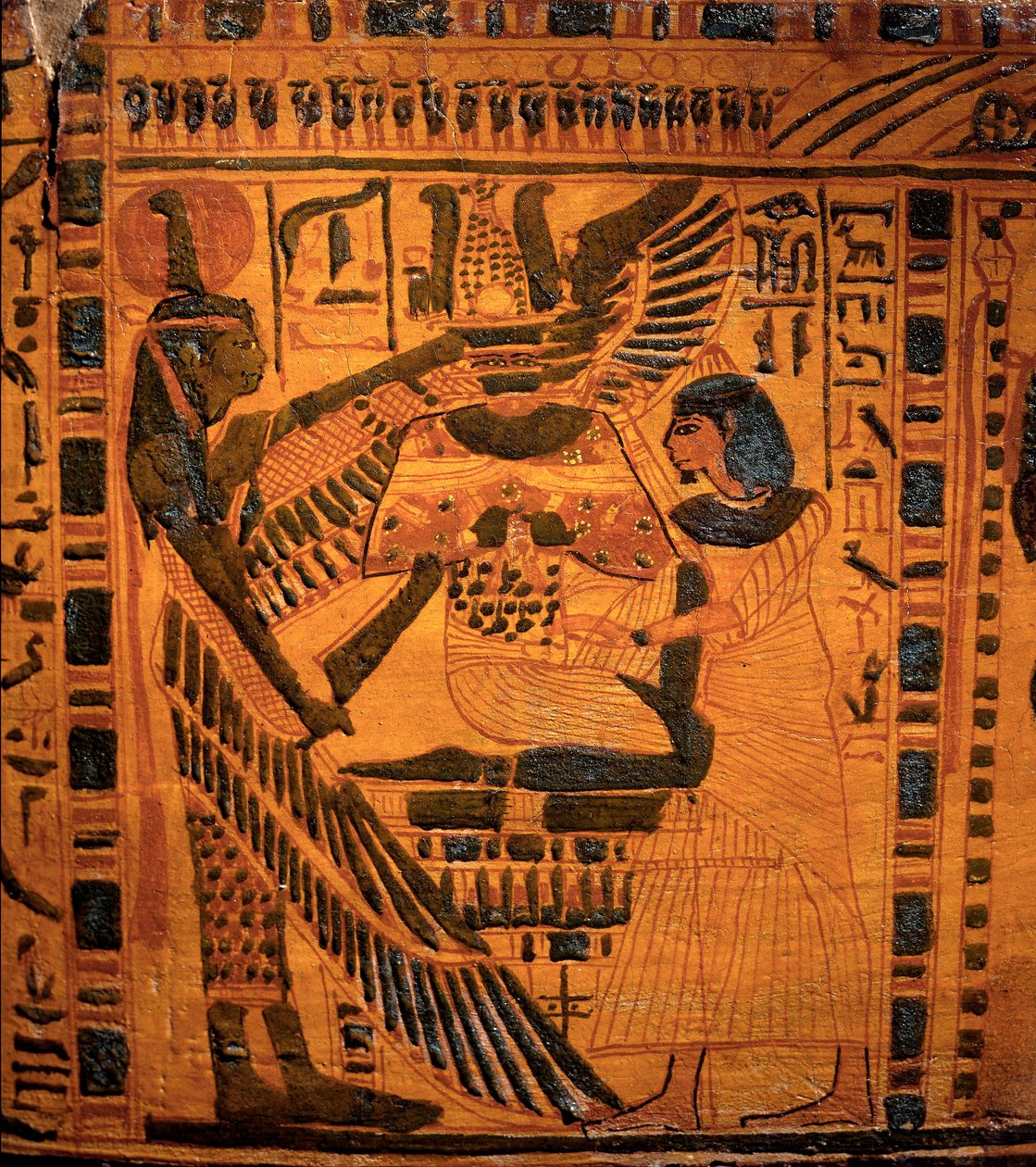 Egyiptomi ókor: „” A Devinita Maat köszöntötte a megszűnt”” Butehamon írástudó szarkofágjának részlete. 3. köztes időszak. 21. dinasztia. Kr.e. 990-970. Thébából. Homályos. 211 cm Torino, Egyiptomi Múzeum alkotó: Egyptian 21st Dynasty
