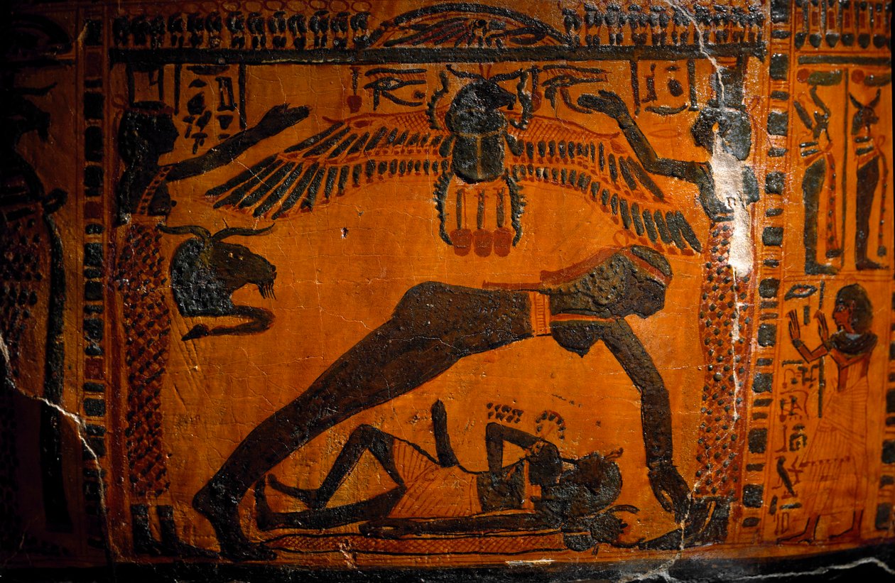 Egyiptomi antikvitás: Boutehamon (Butehamon), királyi írnok által festett fából készült szarkofág. Thébából. 21. dinasztia. Kr.e. 990-970. A világ teremtését ábrázoló részlet, Nout, a menny istennője elválik Gebtől, a Föld istenétől. Torino, egyiptomi alkotó: Egyptian 21st Dynasty