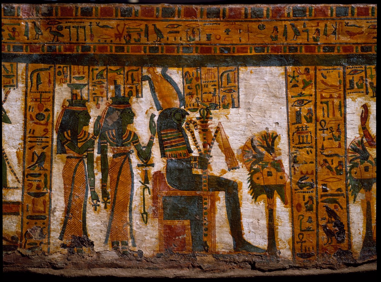 Egyiptomi ókor: az isteniták Ízisz és Neftisz Ozirist imádták. Az élet kulcsait egy kereszt ansee (Ankh) formájában tartják. Butehamon 21. dinasztia (Kr. e. 1085-935) írnok emberszabású szarkofágjának díszítése. Egyiptom Múzeum Torinóban (Tori alkotó: Egyptian 21st Dynasty