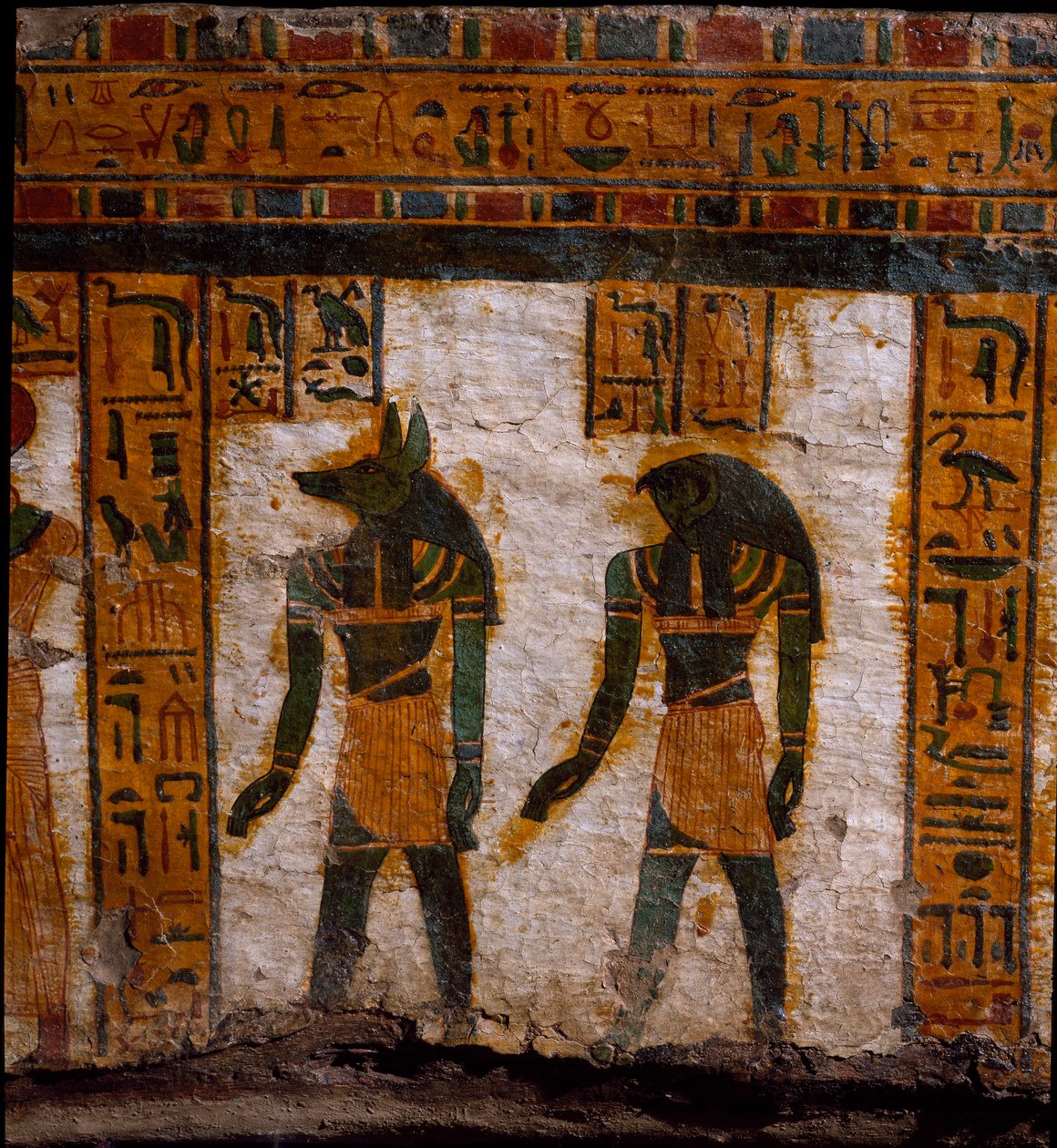 Egyiptomi antikvitás: Douamoutef és Kebehsenouf (vagy Qebehsenouf) temetkezési dzsinnek. a 21. dinasztia (Kr. e. 1085-935) Butehamon írnok emberszabású szarkofágjának díszítése. Egyiptom Múzeum Torinóban (Torino, Museo Egizio) alkotó: Egyptian 21st Dynasty