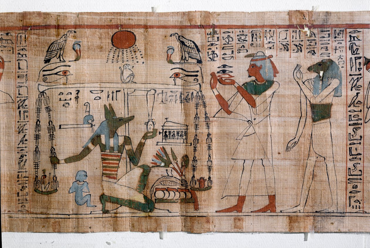 Egyiptomi régiségek: pszichosztázia (lelkek mérlegelése). a halottak könyvének papirusza. A 21. dinasztia papirusza alkotó: Egyptian 21st Dynasty