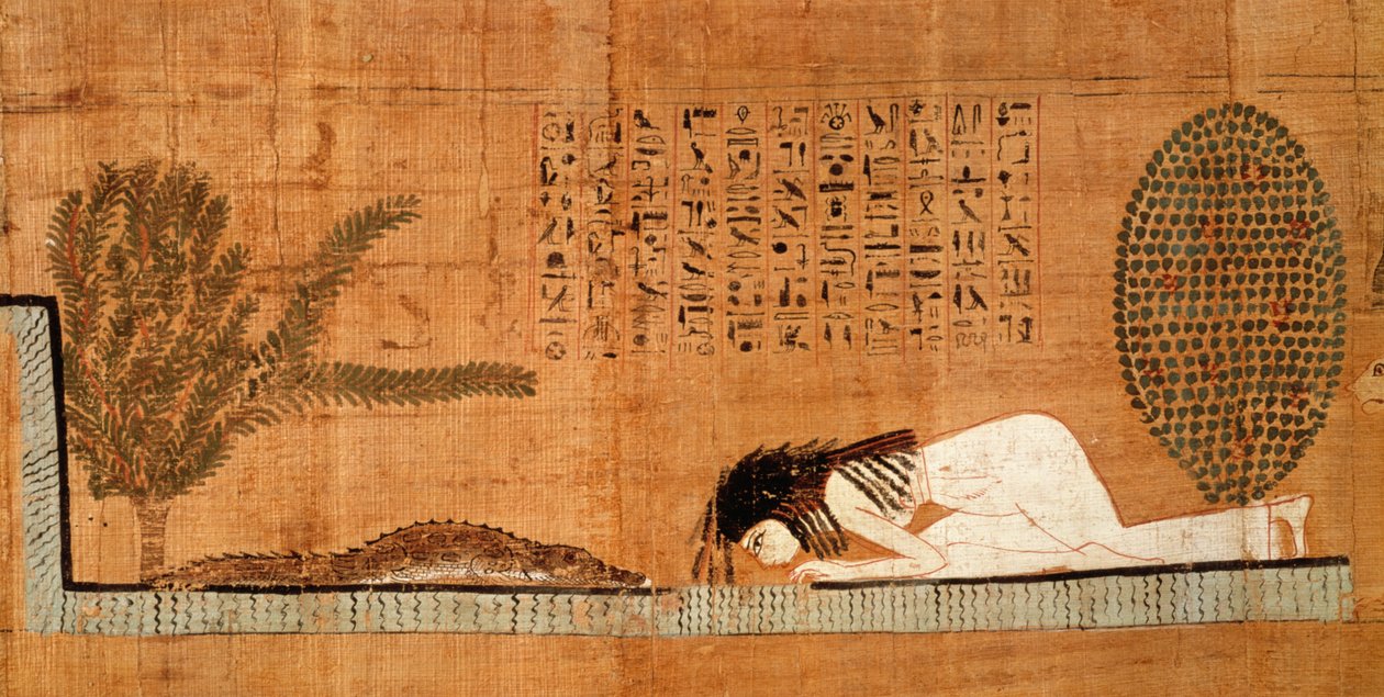Temetési papirusz, amely az elhunytat leborulva ábrázolja a krokodil előtt (papirusz) alkotó: Egyptian 21st Dynasty
