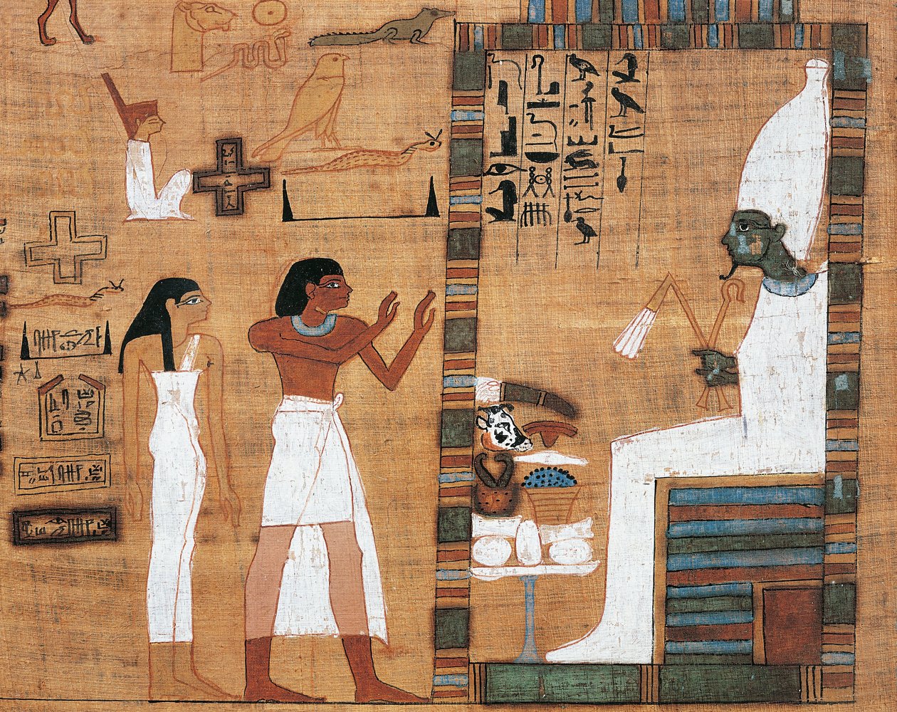 Papirusz, amely férjet és feleséget ábrázol Ozirisz udvara előtt alkotó: Egyptian 21st Dynasty