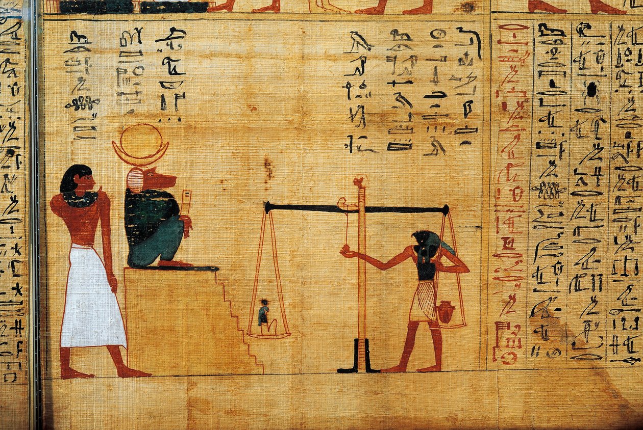 Imenemsauf mitológiai papirusza, Amon főhordozója. Részlet: a lélek mérlegelése Thoth páviánisten előtt alkotó: Egyptian 22nd Dynasty