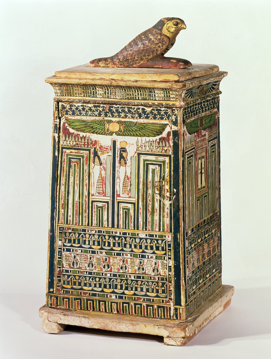 Canopic tégelydoboz, Szakkarából, késői időszak (polikróm és aranyozott fa) alkotó: Egyptian 26th Dynasty
