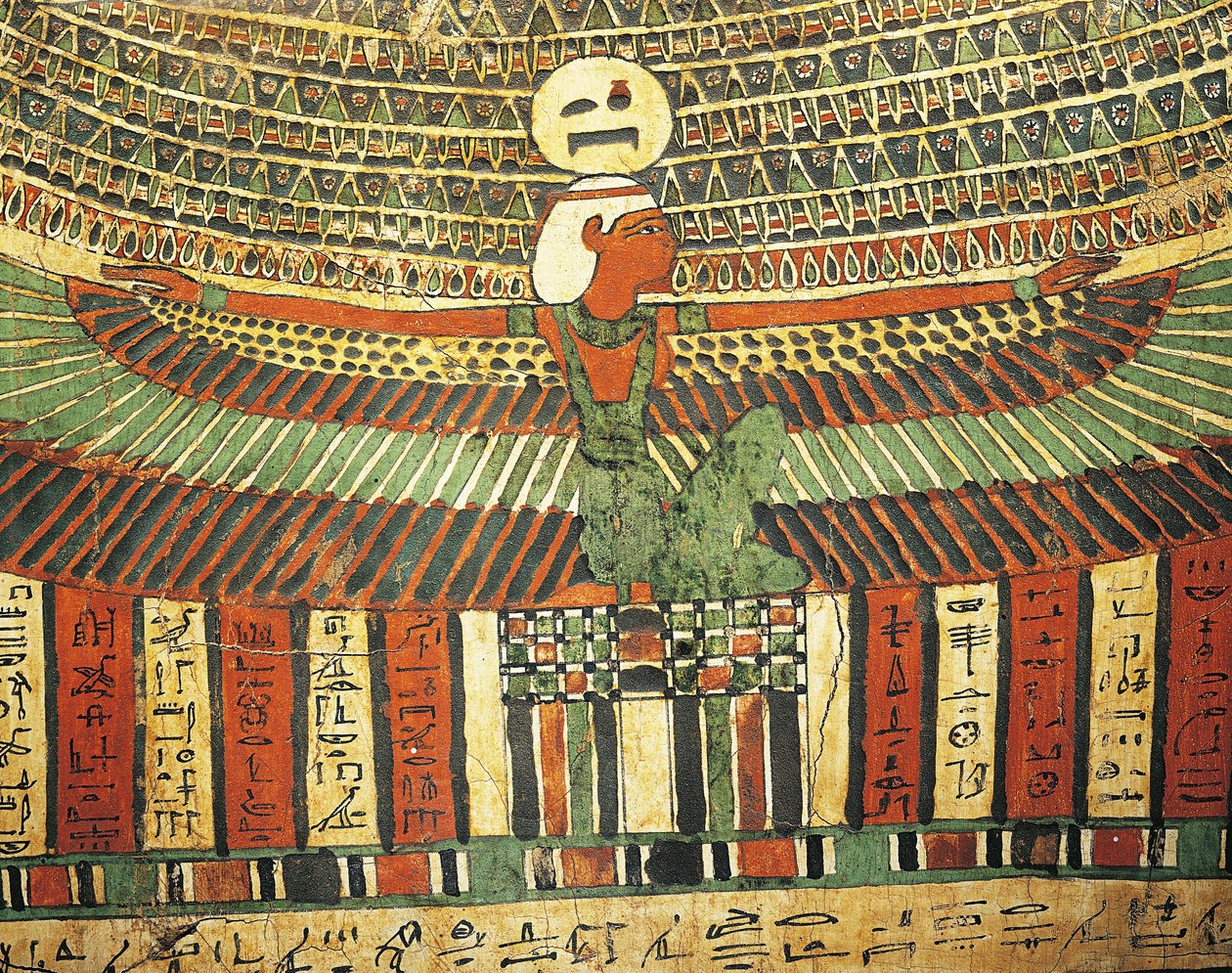 Vakolt és festett fa istennőt ábrázoló, a túlvilágra vezető hamis ajtót védő dió a thébai Tashakheper szarkofágjából alkotó: Egyptian 26th Dynasty