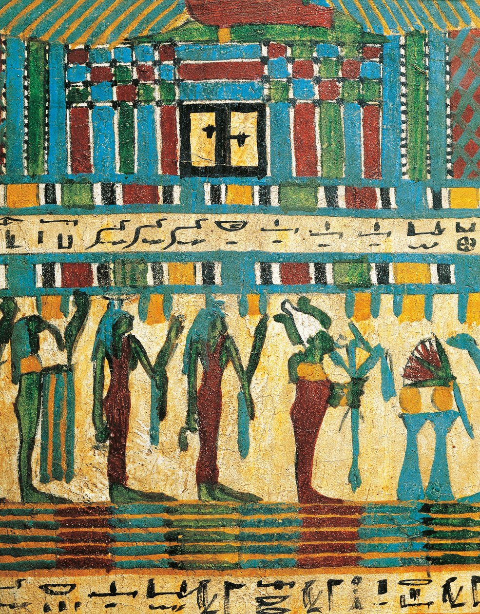 Vakolt és festett fa panel részlet ítélőteremmel és Ozirisz istennel, majd istenségekkel, az Usai szarkofágból, Thébából alkotó: Egyptian 26th Dynasty