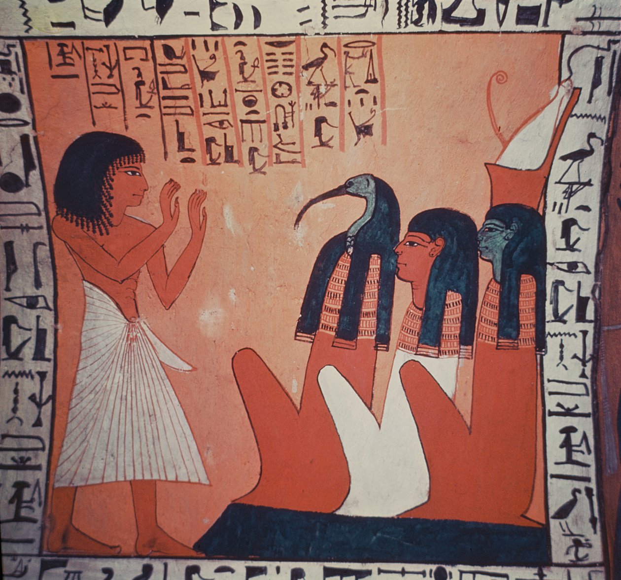Sírfestmény, amely az elhunytakat ábrázolja Ozirisz, Ízisz és Thoth előtt alkotó: Egyptian 2nd Dynasty