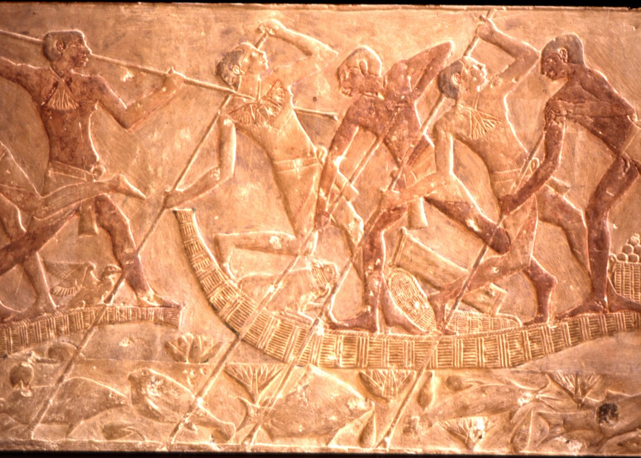 Férfiak lándzsás halat a papiruszhajóról, Ptah-Hotep sírja, 5. dinasztia (fotó) alkotó: Egyptian 5th Dynasty
